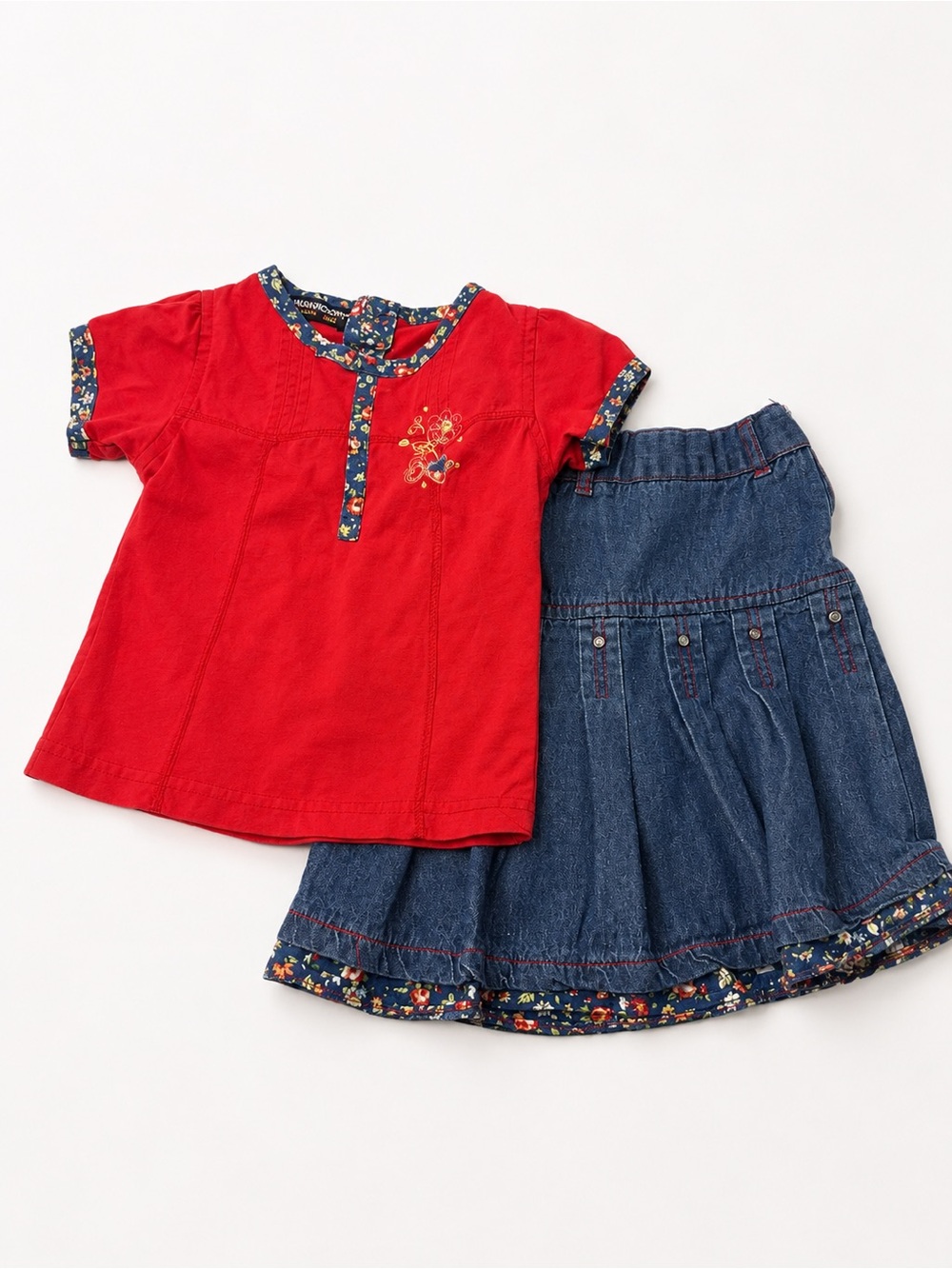Girls Red Floral-Trim Top & Denim Skirt Set